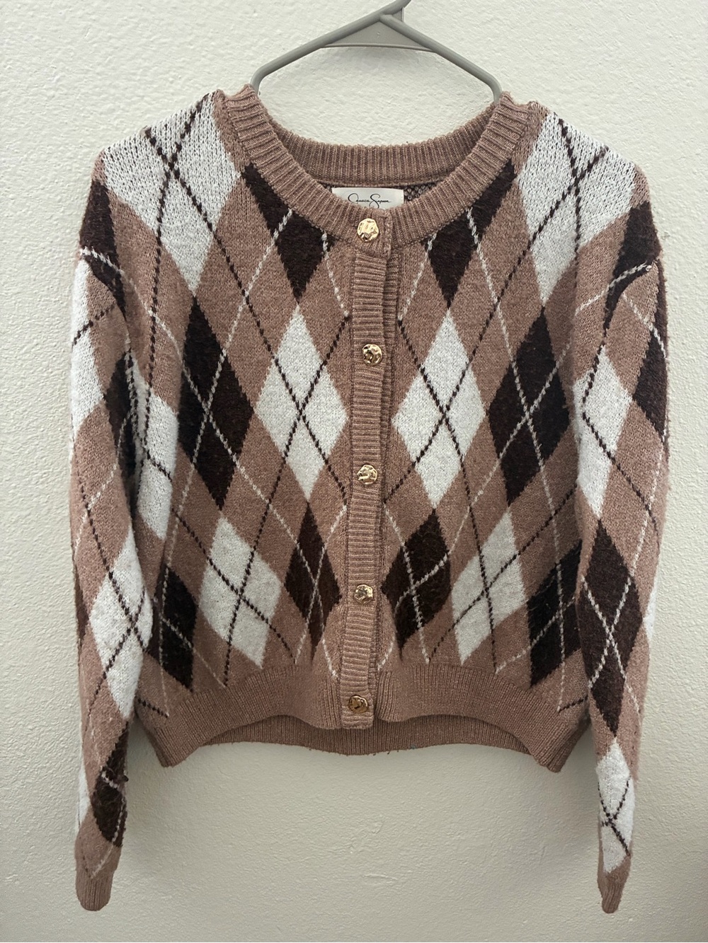 Jessica Simpson Taupe, White & Brown Argyle Button Cardigan